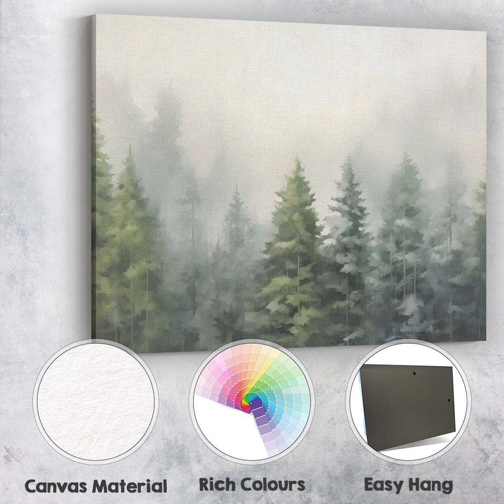 Misty Evergreen Pine Forest Woodland Landscape Canvas Wall Art Print Decor Picture Ready to Hang