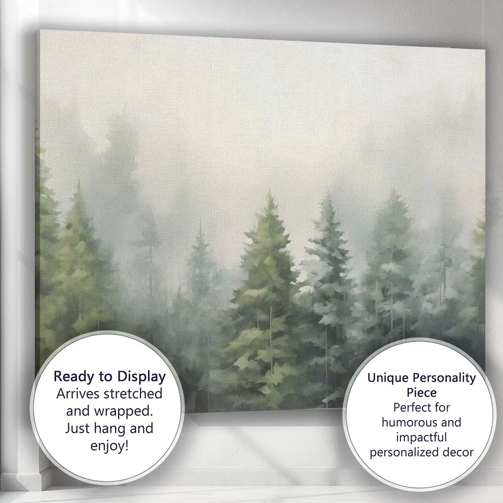 Misty Evergreen Pine Forest Woodland Landscape Canvas Wall Art Print Decor Picture Ready to Hang