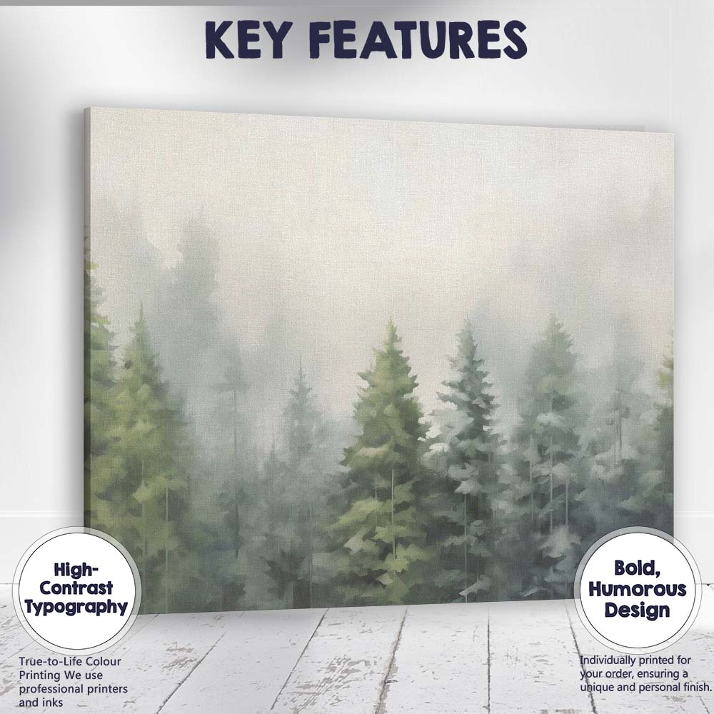 Misty Evergreen Pine Forest Woodland Landscape Canvas Wall Art Print Decor Picture Ready to Hang