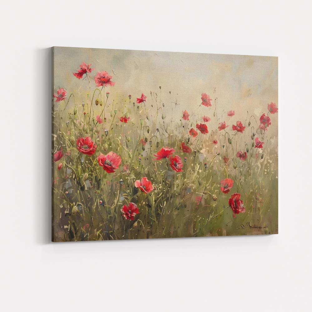Delicate Red Poppy Wildflower Meadow Impressionist Floral Canvas Wall Art Print Decor Picture Ready to Hang
