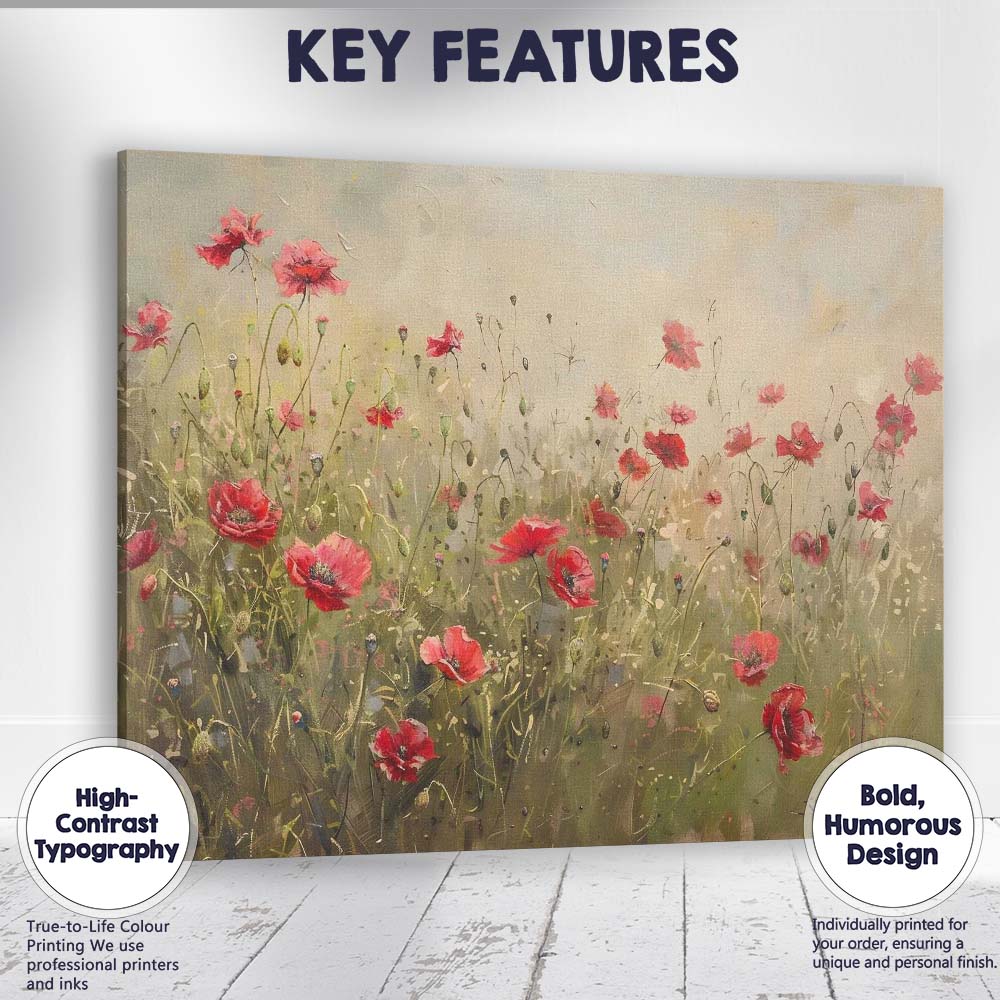 Delicate Red Poppy Wildflower Meadow Impressionist Floral Canvas Wall Art Print Decor Picture Ready to Hang