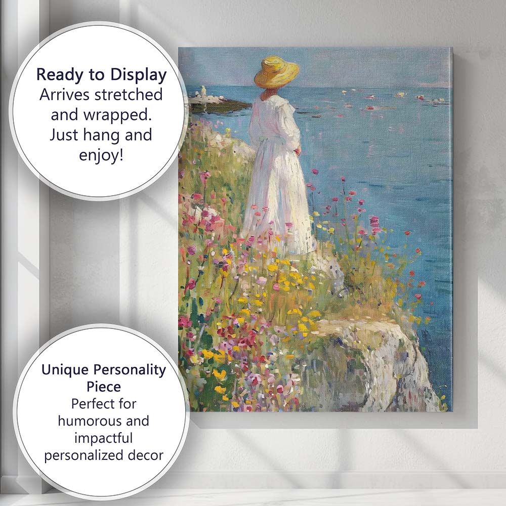 Impressionist Woman in White Dress Coastal Wildflower Meadow Canvas Wall Art Print Decor Picture Ready to Hang