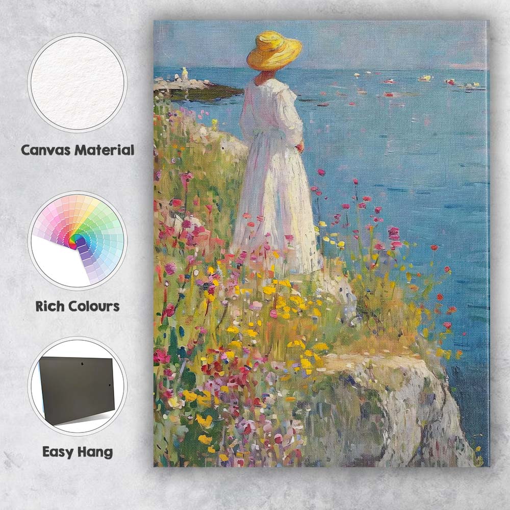 Impressionist Woman in White Dress Coastal Wildflower Meadow Canvas Wall Art Print Decor Picture Ready to Hang