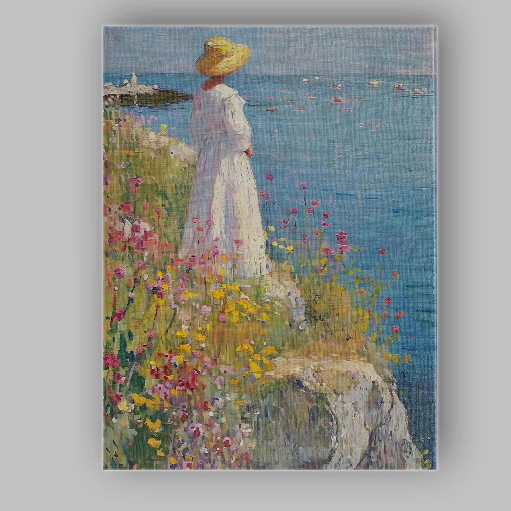 Impressionist Woman in White Dress Coastal Wildflower Meadow Canvas Wall Art Print Decor Picture Ready to Hang