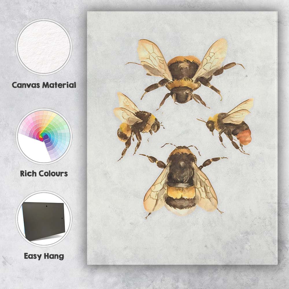 Watercolour Bumble Bee Study Natural History Wildlife Illustration Canvas Wall Art Print Decor Picture Ready to Hang