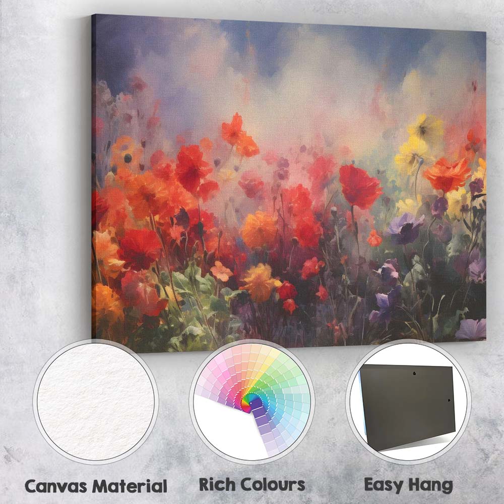 Vibrant Colourful Wildflower Meadow Impressionist Floral Landscape Canvas Wall Art Print Decor Picture Ready to Hang
