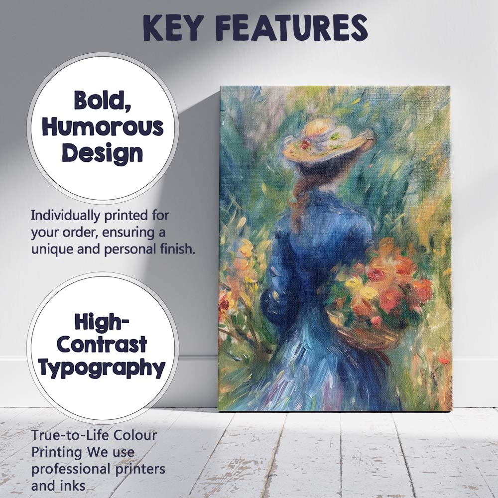 Impressionist Woman In Blue Dress Carrying Flower Basket Garden Canvas Wall Art Print Decor Picture Ready to Hang