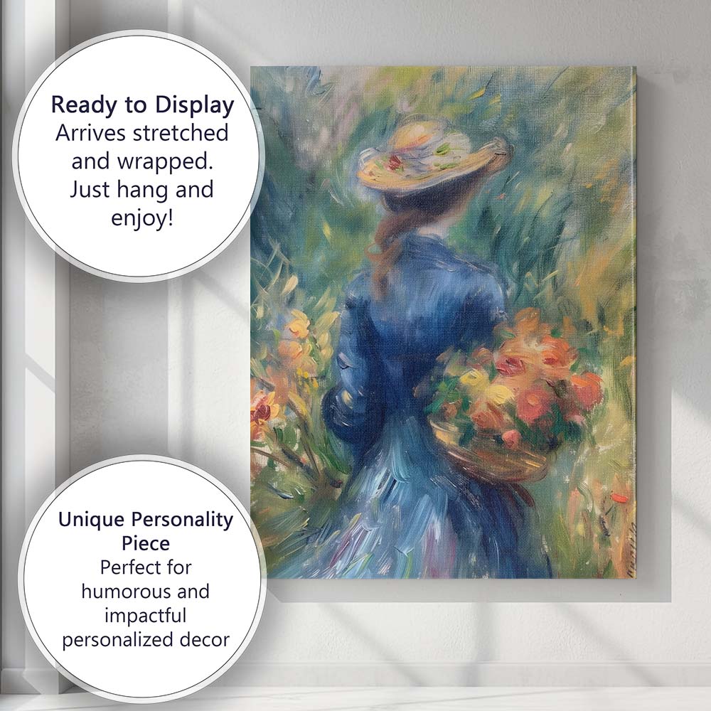 Impressionist Woman In Blue Dress Carrying Flower Basket Garden Canvas Wall Art Print Decor Picture Ready to Hang