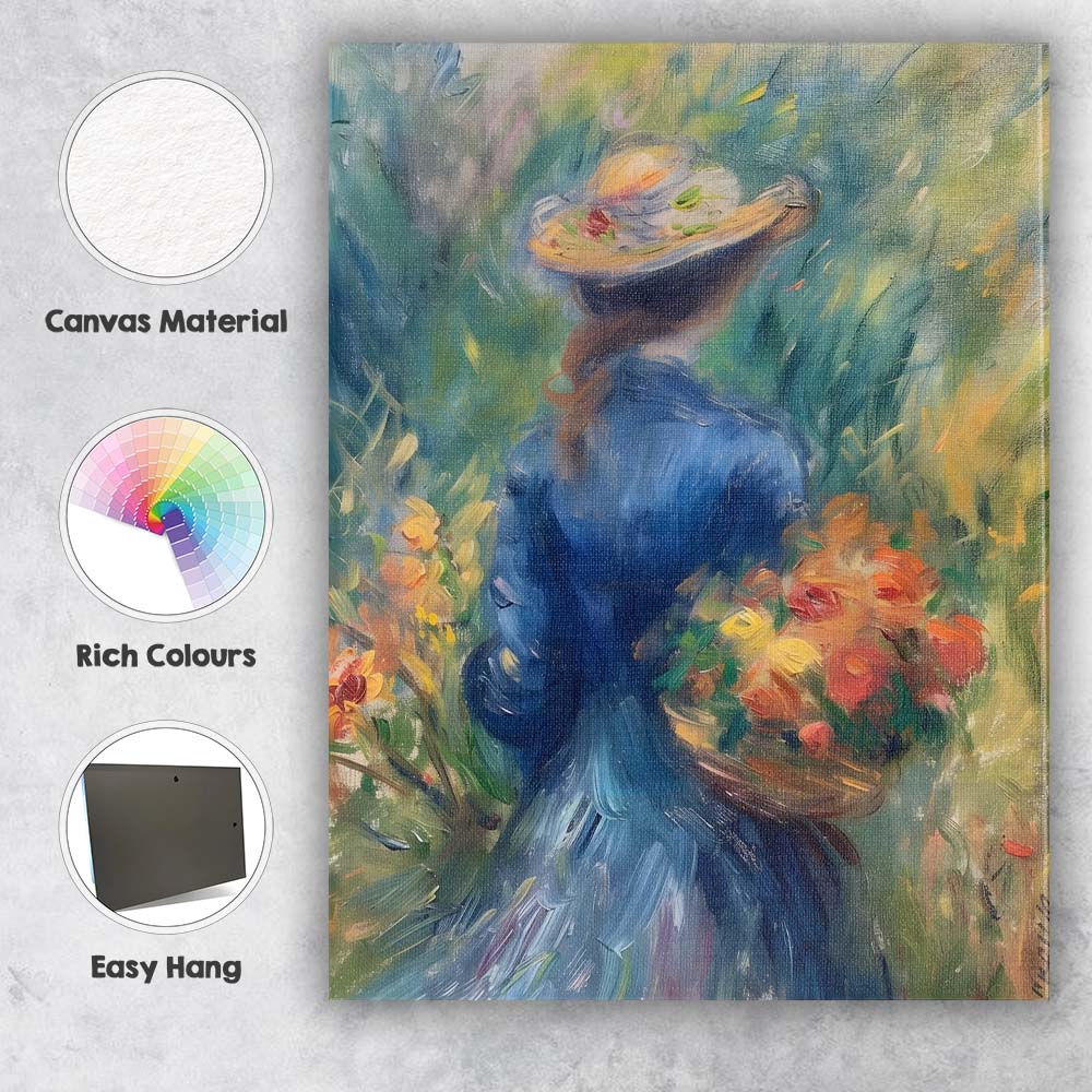 Impressionist Woman In Blue Dress Carrying Flower Basket Garden Canvas Wall Art Print Decor Picture Ready to Hang