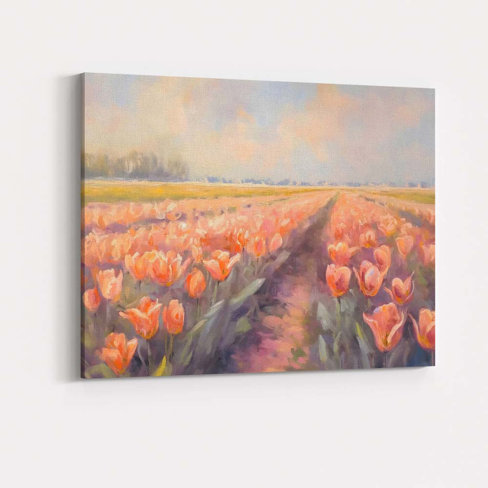 Impressionist Peach Pink Tulip Field Spring Floral Landscape Canvas Wall Art Print Decor Picture Ready to Hang