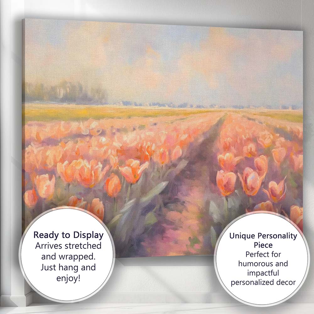 Impressionist Peach Pink Tulip Field Spring Floral Landscape Canvas Wall Art Print Decor Picture Ready to Hang