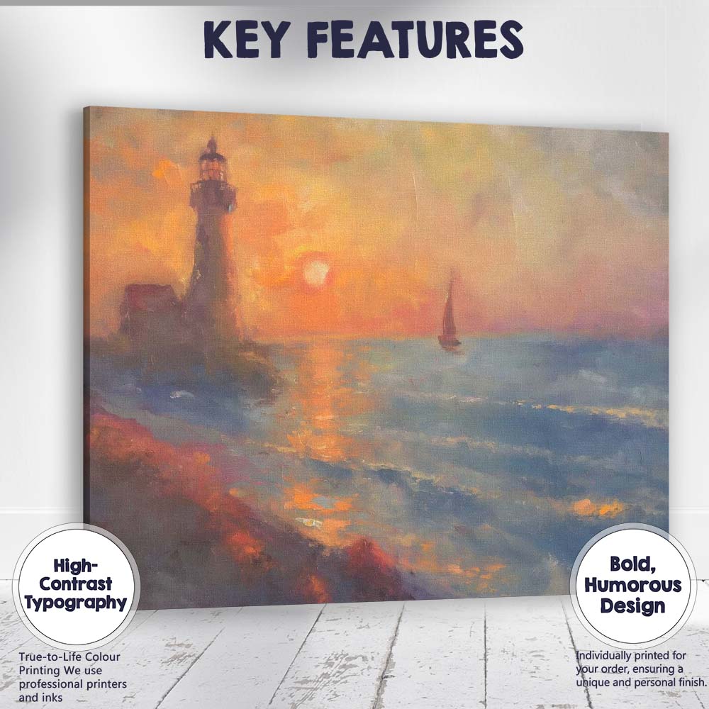 Impressionist Coastal Lighthouse Sunset Seascape Sailing Boat Canvas Wall Art Print Decor Picture Ready to Hang