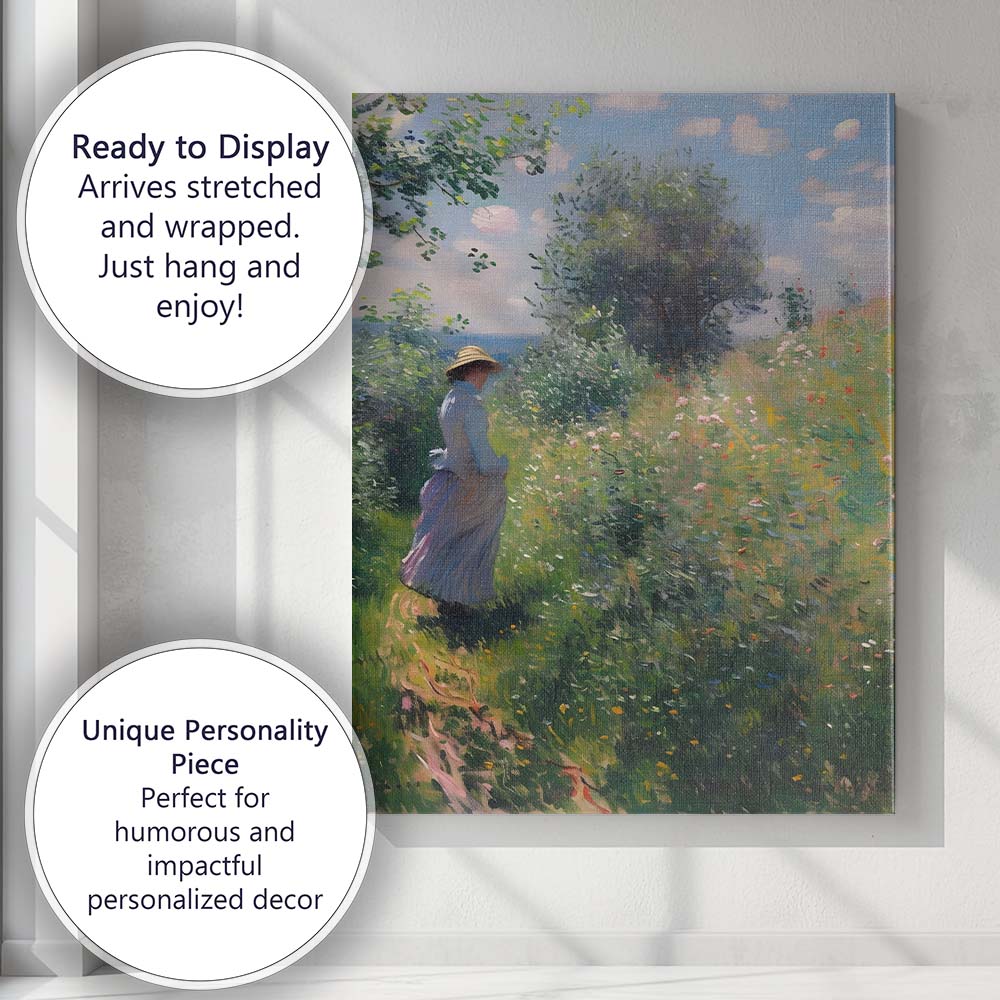 Impressionist Woman Walking Through Wildflower Meadow Spring Garden Canvas Wall Art Print Decor Picture Ready to Hang