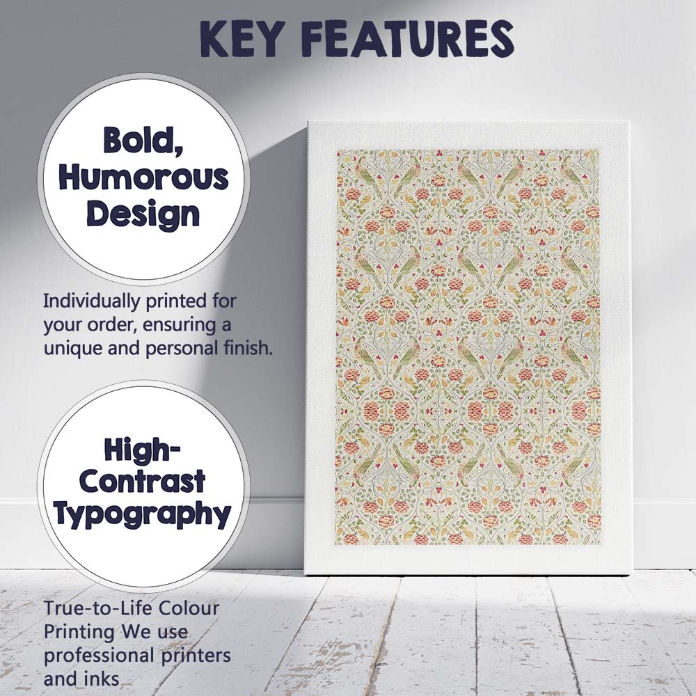 Arts and Crafts Birds Floral Damask Repeat Pattern Canvas Wall Art Print Decor Picture Ready to Hang