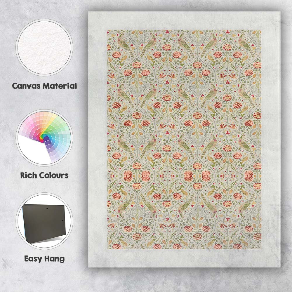 Arts and Crafts Birds Floral Damask Repeat Pattern Canvas Wall Art Print Decor Picture Ready to Hang