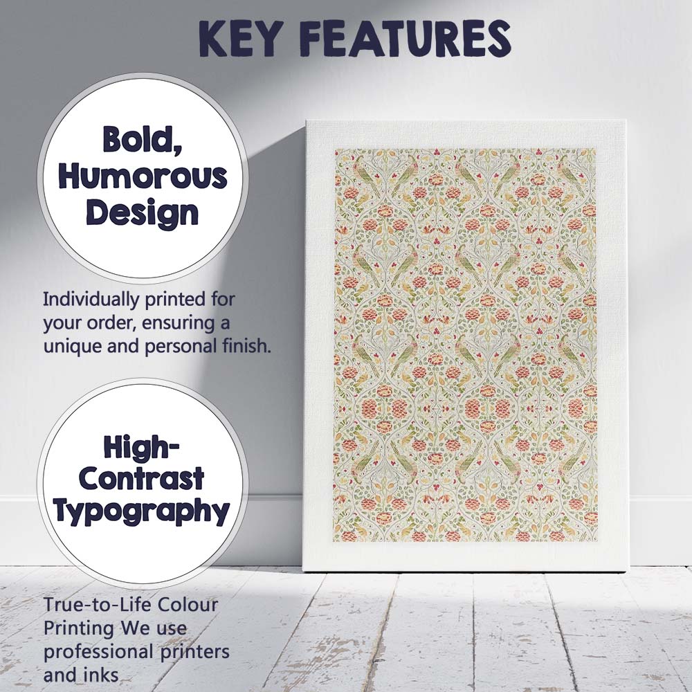 Arts and Crafts Birds Floral Damask Repeat Pattern Canvas Wall Art Print Decor Picture Ready to Hang