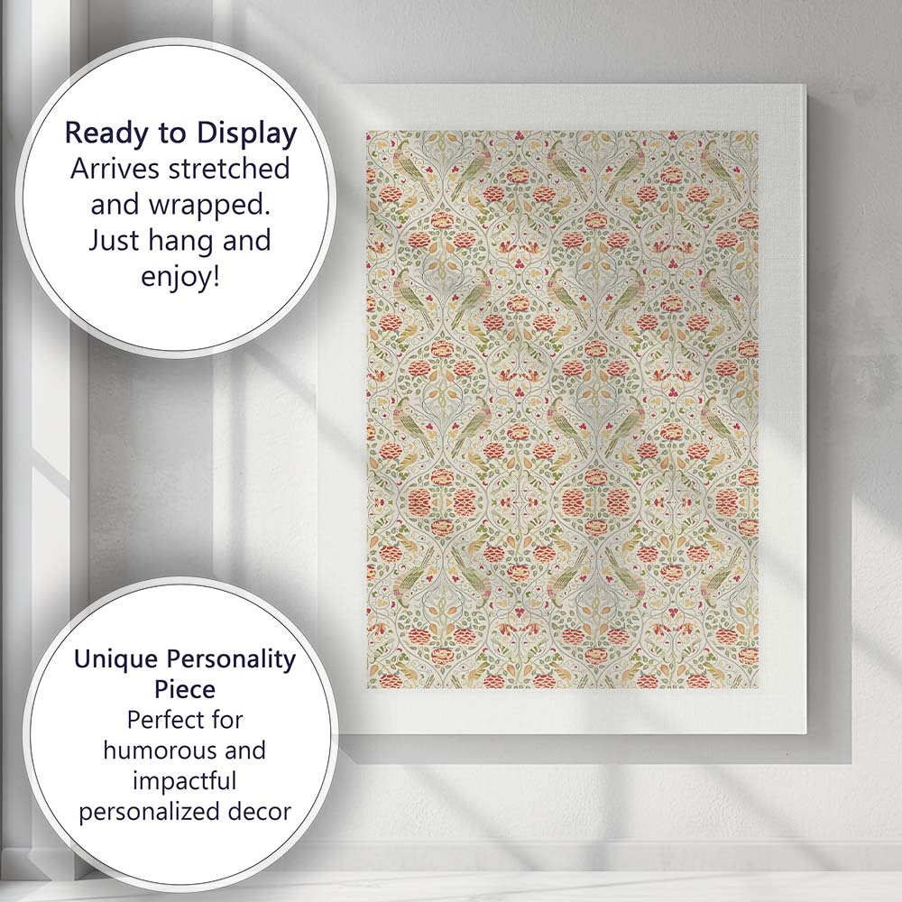 Arts and Crafts Birds Floral Damask Repeat Pattern Canvas Wall Art Print Decor Picture Ready to Hang
