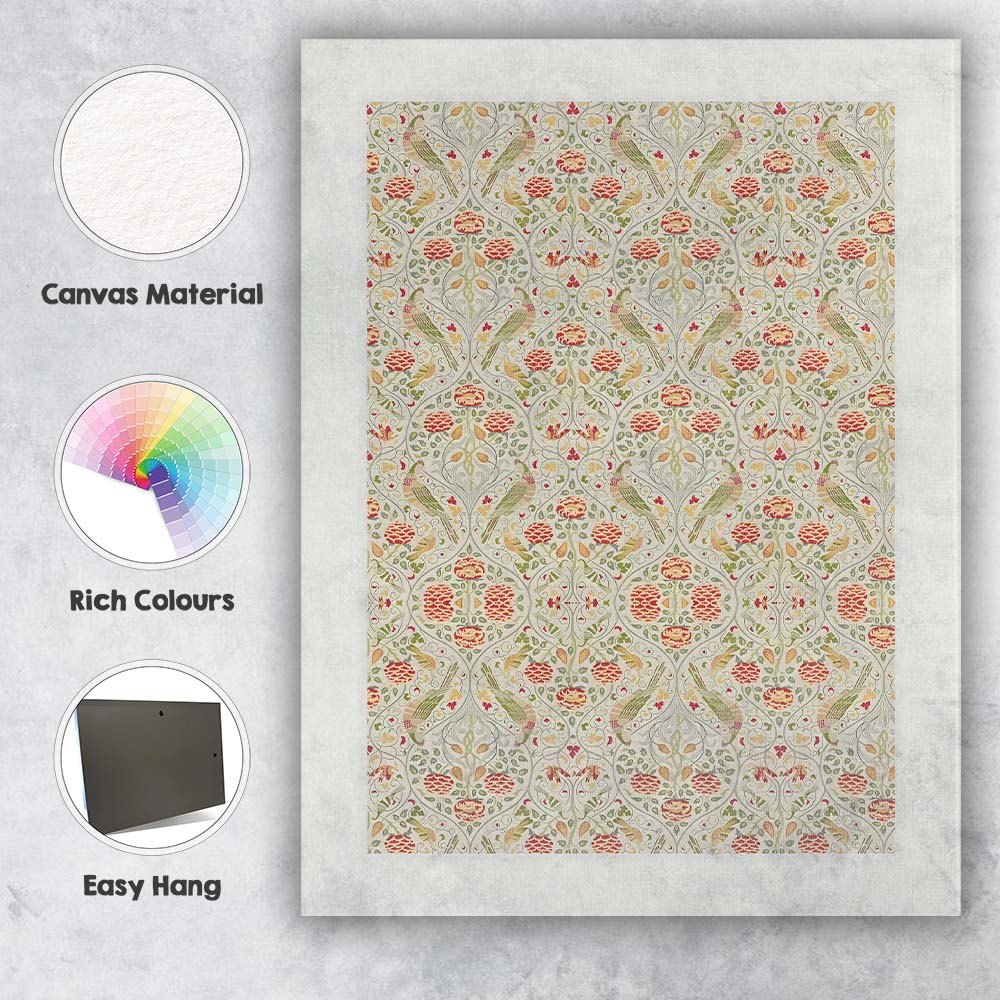 Arts and Crafts Birds Floral Damask Repeat Pattern Canvas Wall Art Print Decor Picture Ready to Hang