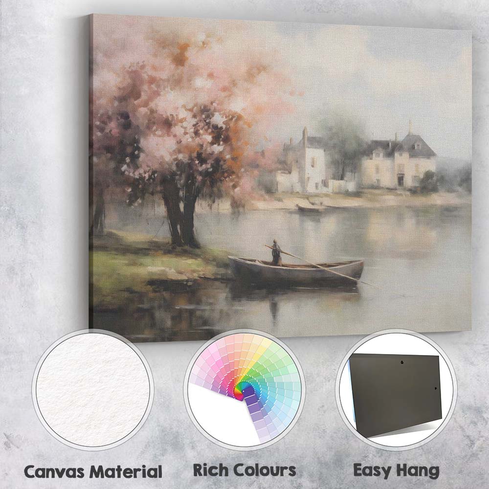 Soft Impressionist Riverside Blossom Tree Rowboat Village Canvas Wall Art Print Decor Picture Ready to Hang