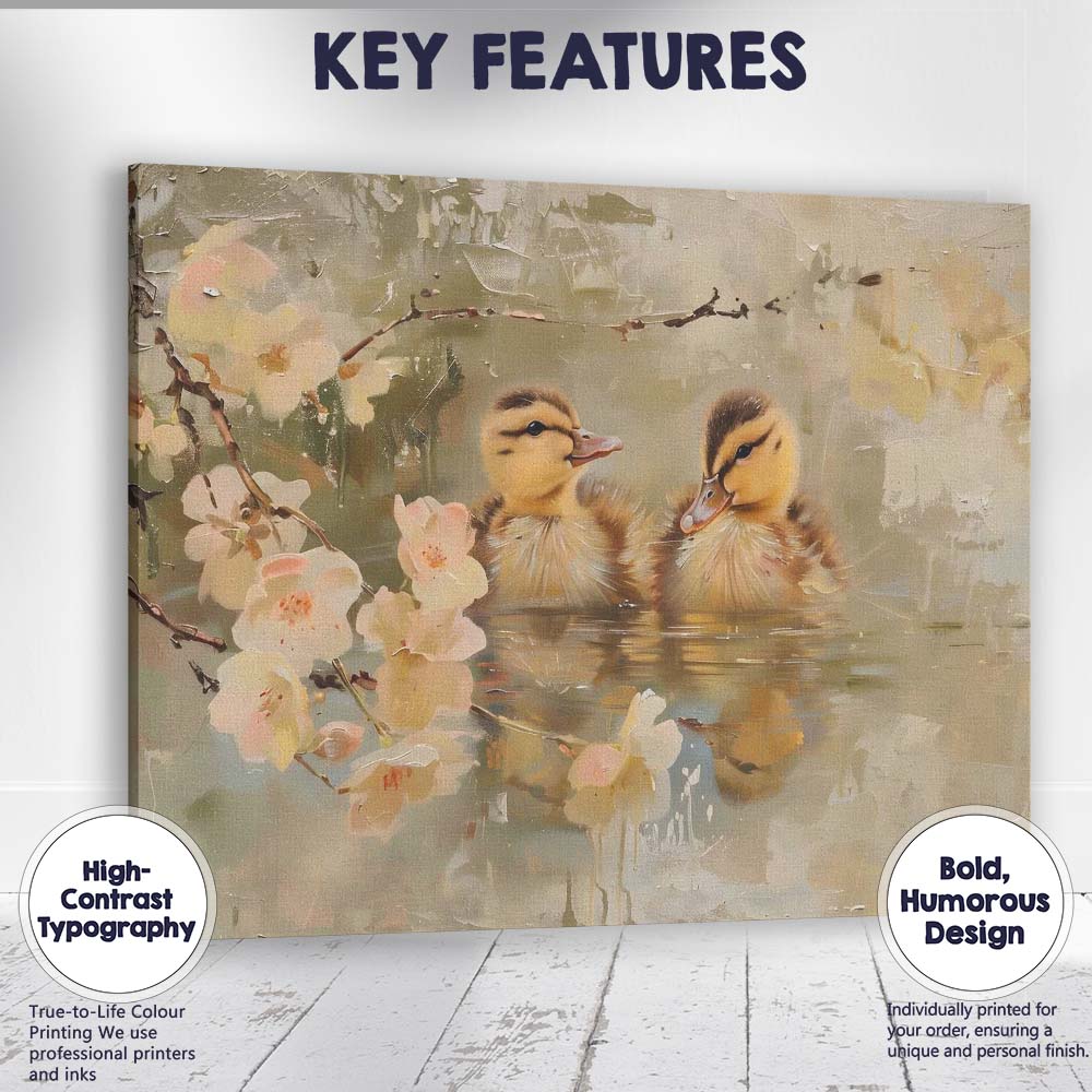 Cute Spring Ducklings Blossom Pond Wildlife Canvas Wall Art Print Decor Picture Ready to Hang
