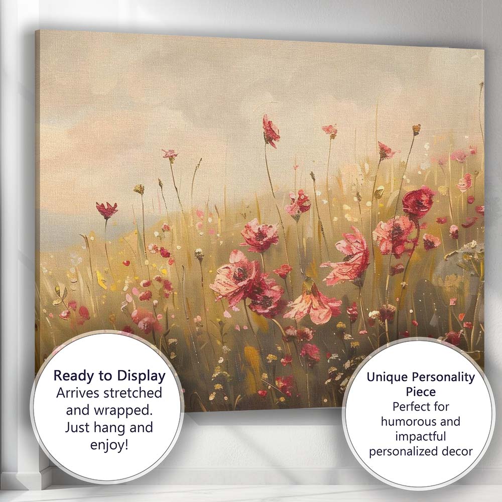 Elegant Pink Wild Poppy Meadow Floral Canvas Wall Art Print Decor Picture Ready to Hang