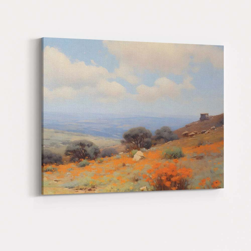 Sunny Hillside Orange Poppy Meadow Landscape Canvas Wall Art Print Decor Picture Ready to Hang