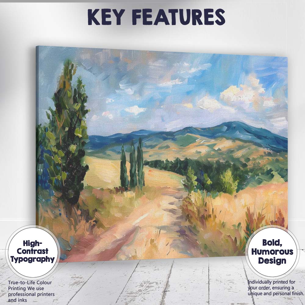 Impressionist Country Lane Rolling Hills Summer Landscape Canvas Wall Art Print Decor Picture Ready to Hang