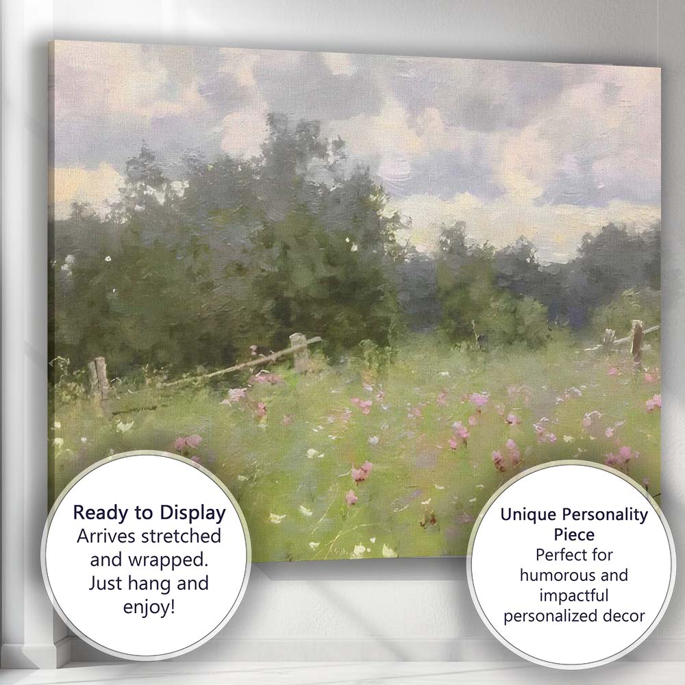 Impressionist Summer Meadow Pink Wildflowers Woodland Landscape Canvas Wall Art Print Decor Picture Ready to Hang