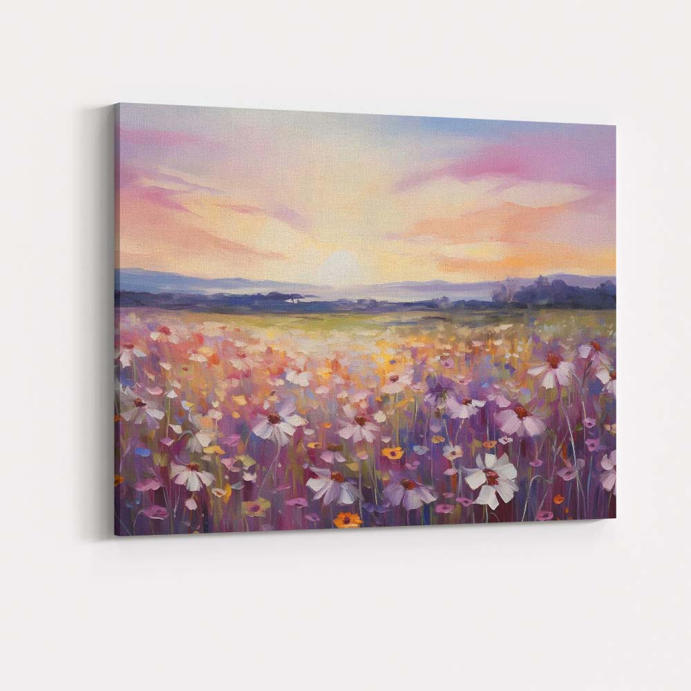 Impressionist Lavender Daisy Wildflower Meadow Sunrise Landscape Canvas Wall Art Print Decor Picture Ready to Hang