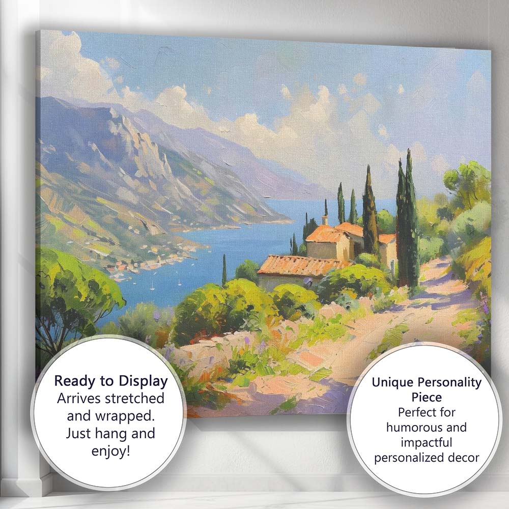 Mediterranean Coastal Village Mountain Lake Landscape Canvas Wall Art Print Decor Picture Ready to Hang