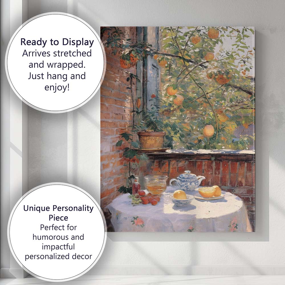Sunlit Orange Tree Courtyard Still Life Impressionist Canvas Wall Art Print Decor Picture Ready to Hang