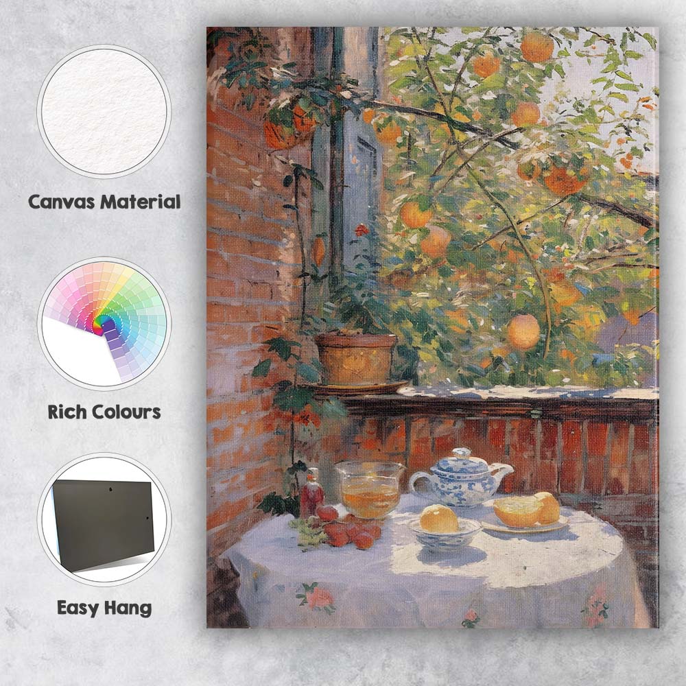 Sunlit Orange Tree Courtyard Still Life Impressionist Canvas Wall Art Print Decor Picture Ready to Hang