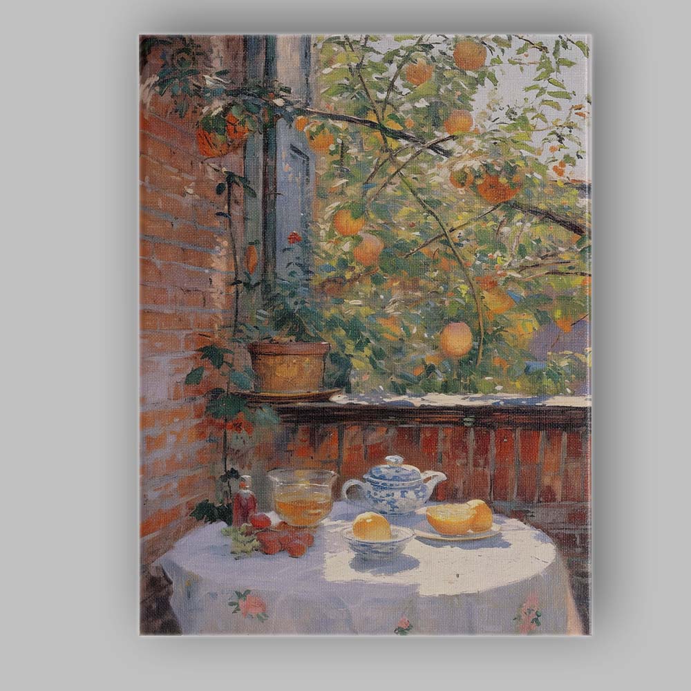Sunlit Orange Tree Courtyard Still Life Impressionist Canvas Wall Art Print Decor Picture Ready to Hang