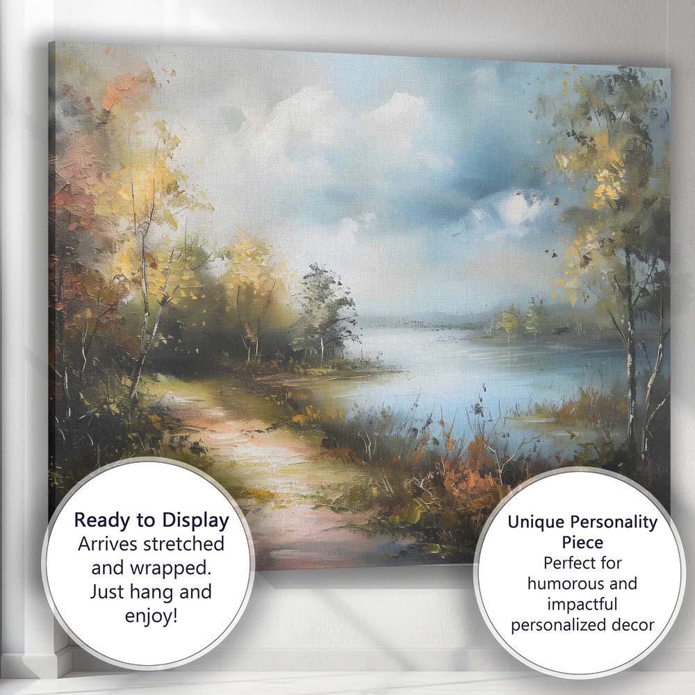 Atmospheric Lakeside Woodland Landscape Impressionist Painting Canvas Wall Art Print Decor Picture Ready to Hang