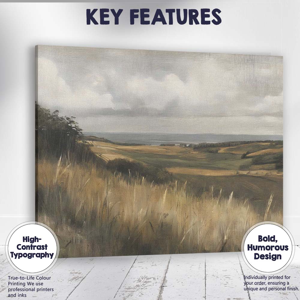Muted Countryside Fields Panoramic Landscape Painting Canvas Wall Art Print Decor Picture Ready to Hang