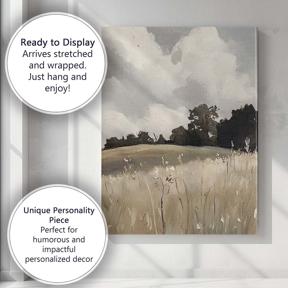 Abstract Neutral Countryside Meadow Wildflower Landscape Oil Painting Canvas Wall Art Print Decor Picture Ready to Hang
