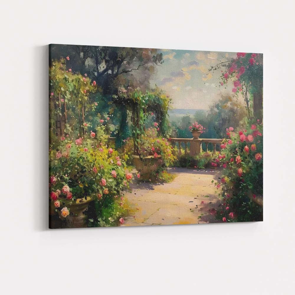 Romantic Rose Garden Terrace Impressionist Floral Landscape Canvas Wall Art Print Decor Picture Ready to Hang