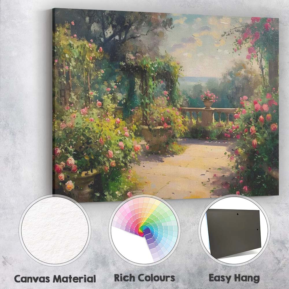 Romantic Rose Garden Terrace Impressionist Floral Landscape Canvas Wall Art Print Decor Picture Ready to Hang