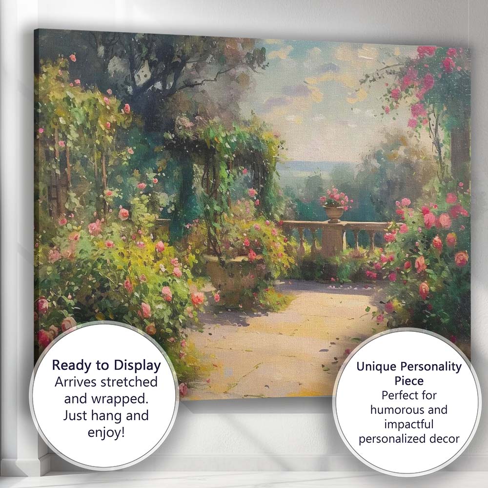 Romantic Rose Garden Terrace Impressionist Floral Landscape Canvas Wall Art Print Decor Picture Ready to Hang