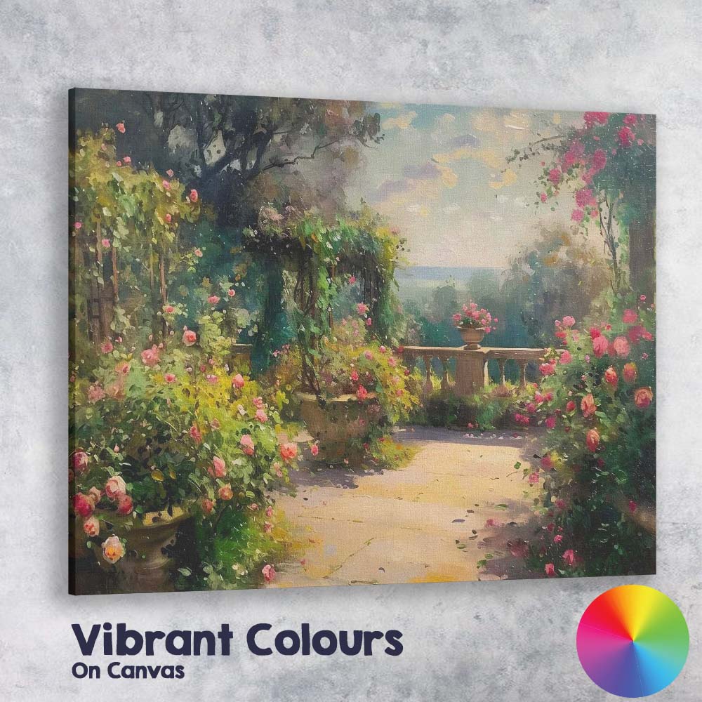 Romantic Rose Garden Terrace Impressionist Floral Landscape Canvas Wall Art Print Decor Picture Ready to Hang