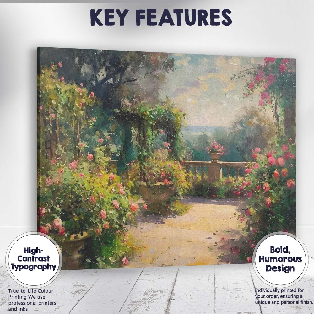 Romantic Rose Garden Terrace Impressionist Floral Landscape Canvas Wall Art Print Decor Picture Ready to Hang