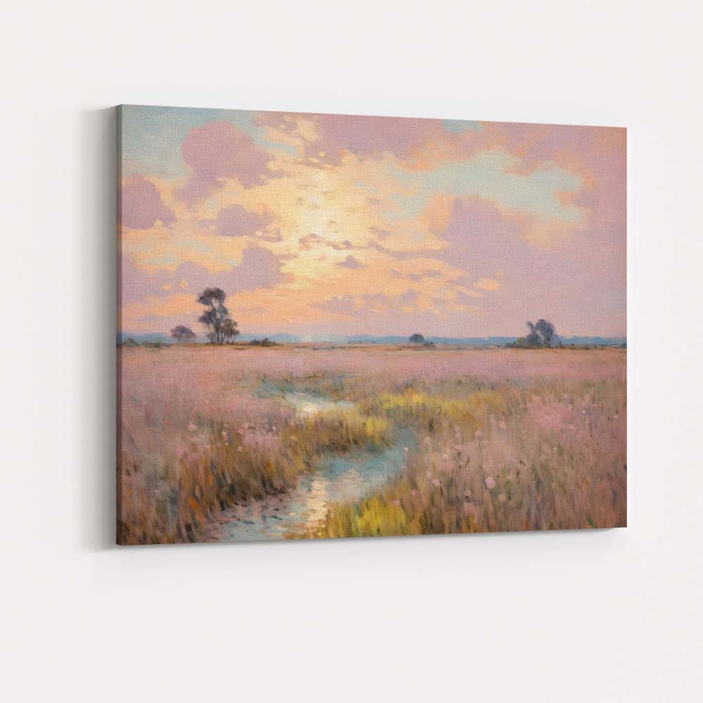 Dreamy Pink Wildflower Meadow Sunset Landscape Canvas Wall Art Print Decor Picture Ready to Hang