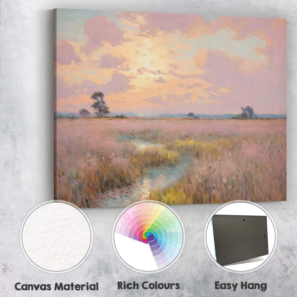 Dreamy Pink Wildflower Meadow Sunset Landscape Canvas Wall Art Print Decor Picture Ready to Hang