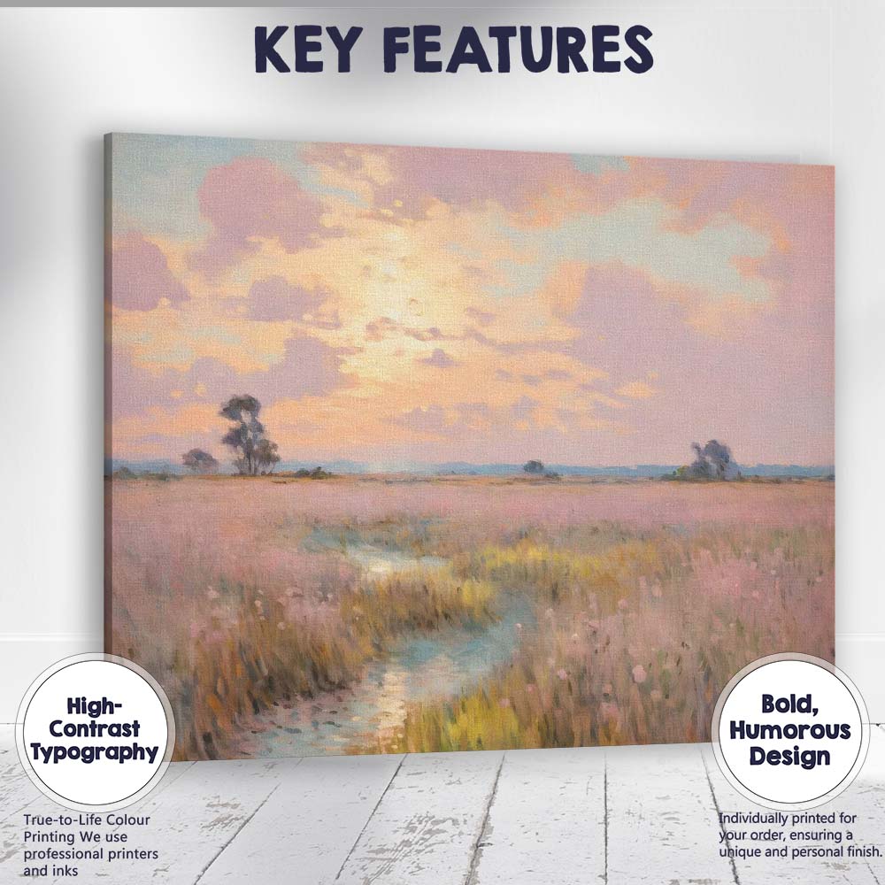 Dreamy Pink Wildflower Meadow Sunset Landscape Canvas Wall Art Print Decor Picture Ready to Hang