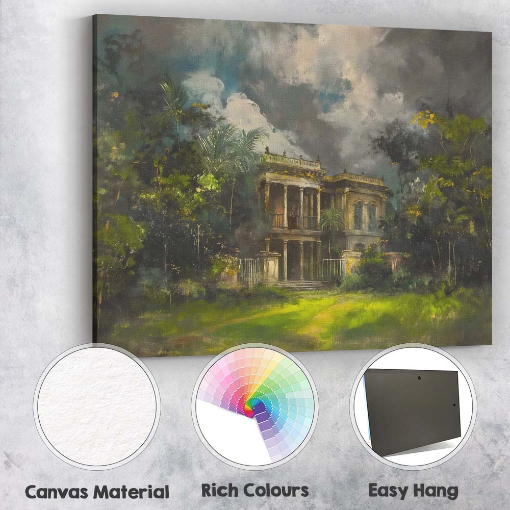 Moody Tropical Colonial Mansion Stormy Garden Landscape Canvas Wall Art Print Decor Picture Ready to Hang