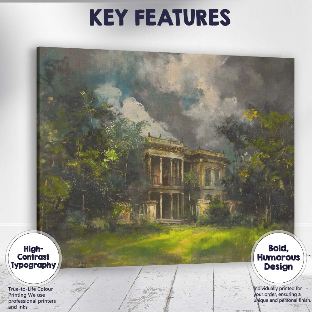Moody Tropical Colonial Mansion Stormy Garden Landscape Canvas Wall Art Print Decor Picture Ready to Hang