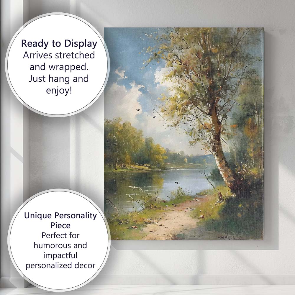 Impressionist Peaceful Riverside Woodland Tree Summer Landscape Canvas Wall Art Print Decor Picture Ready to Hang