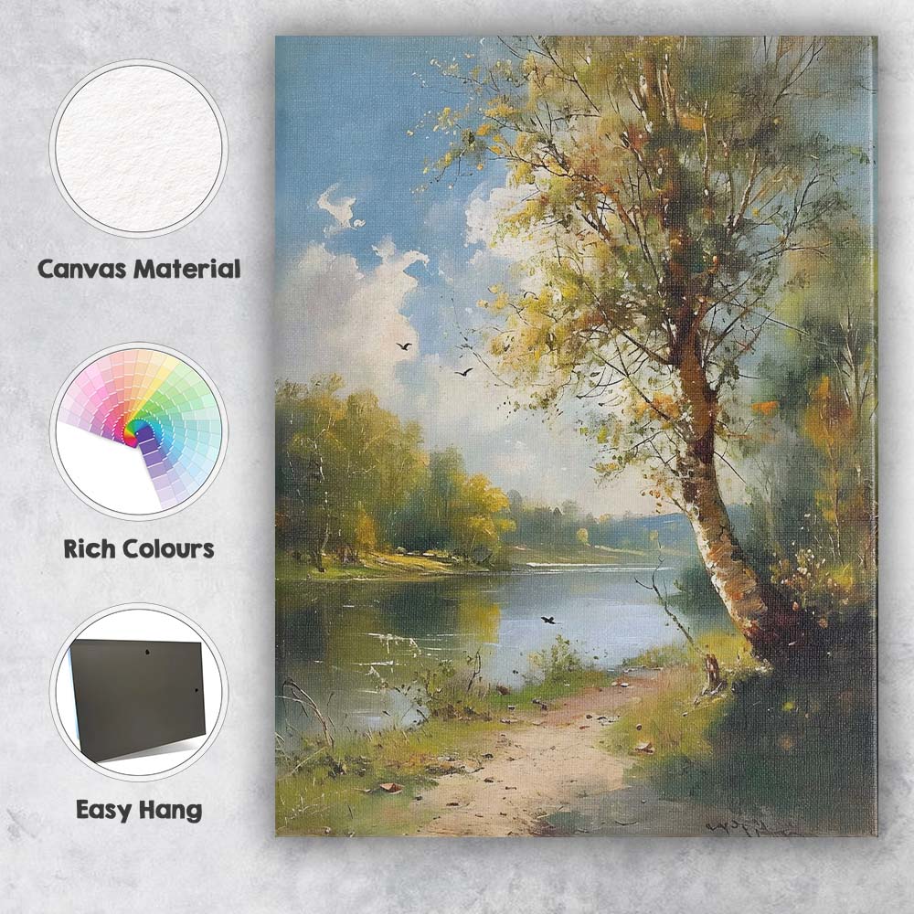 Impressionist Peaceful Riverside Woodland Tree Summer Landscape Canvas Wall Art Print Decor Picture Ready to Hang