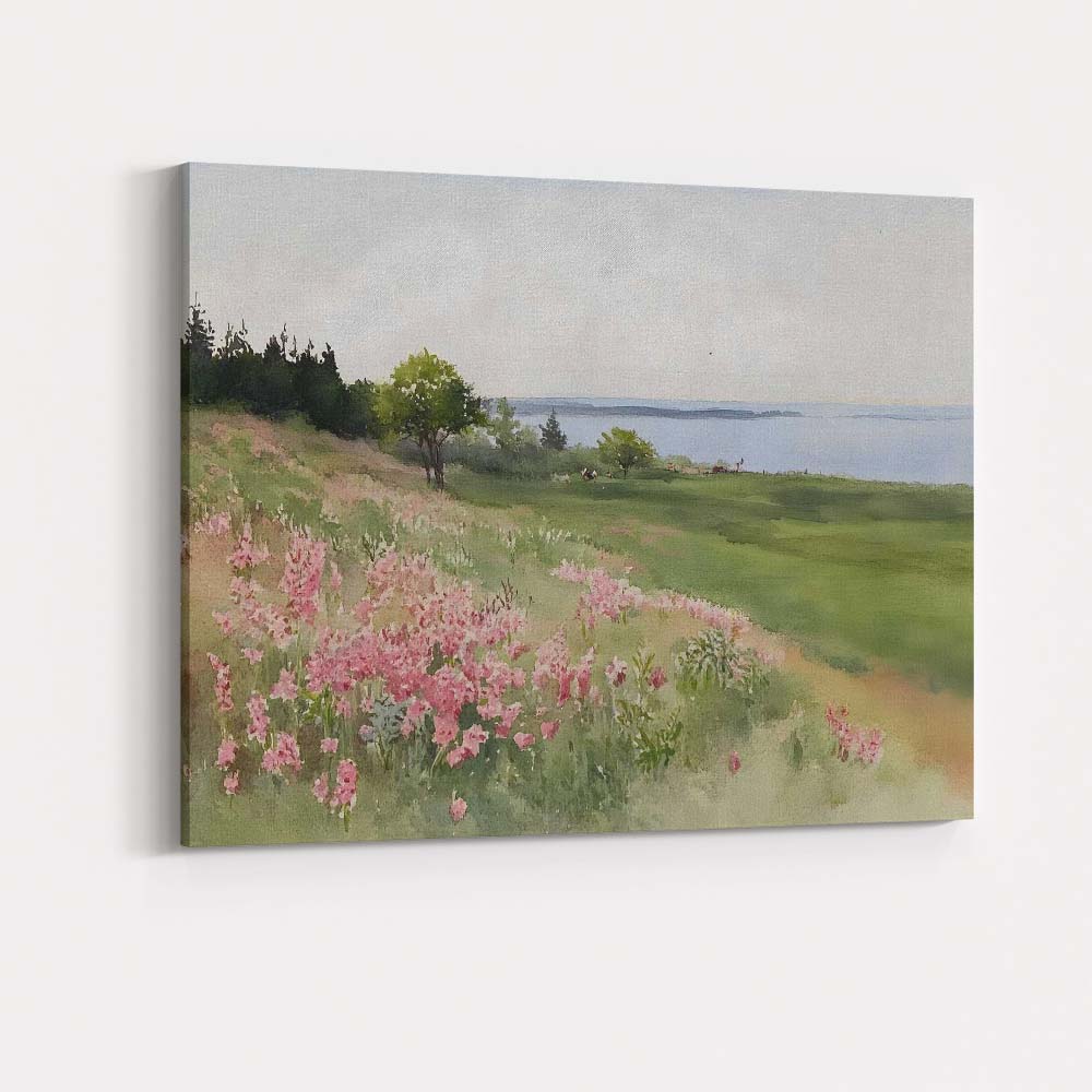 Soft Watercolour Pink Coastal Wildflower Meadow Landscape Canvas Wall Art Print Decor Picture Ready to Hang