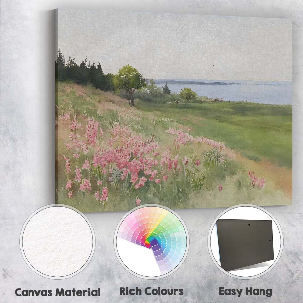 Soft Watercolour Pink Coastal Wildflower Meadow Landscape Canvas Wall Art Print Decor Picture Ready to Hang